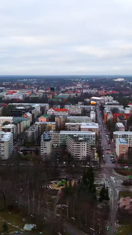Vertical aerial view of Turku cityscape and Cathedral on a cloudy day, Finland