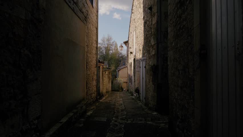 Stone buildings and wooden shutters line a narrow cobblestone street in the historic Bastide d
