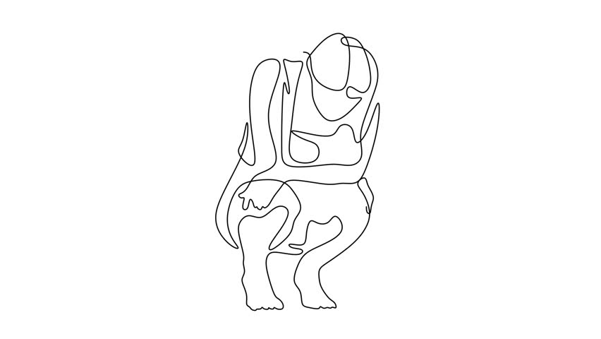 Animated self drawing of continuous line draw of  Depressed teenager Sad young boy. Bad mood, Unhappy , sorrow, melancholy, negative emotions concept.  Full length one line animation. 4K
