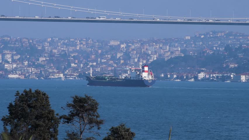 Bosphorus Bridge with Cargo Ship and tour boat on Bosphorus Strait in Istanbul Turkey