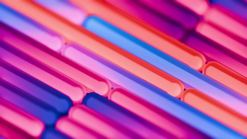abstract 4k video of dynamic multicolored transparent tubes in motion. vivid gradient plastic cylinders with macro focus, soft blur, and smooth reflective surfaces for widescreen modern design.