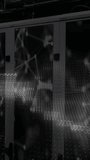 Vertical video: Grid appearing on rack sparking wave sliding and binary falling for data display. Cabinet, server, circuitry, matrix, visualization, neon, vertical video - Powered by Shutterstock - Get 15% off with code: PIKWIZARD15
