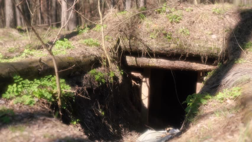 Soldiers dug a trench and a defensive trench in the forest. A battlefield during the war in Europe. Earth and wood protection for an army soldier. A shelter and cave during a political crisis