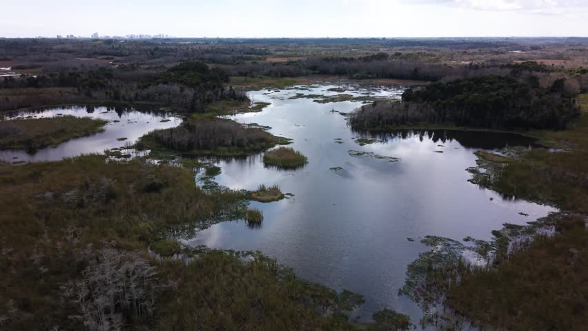 Drone orbiting at Grassy Waters Preserve in West Palm Beach Florida with lakes and wild area.