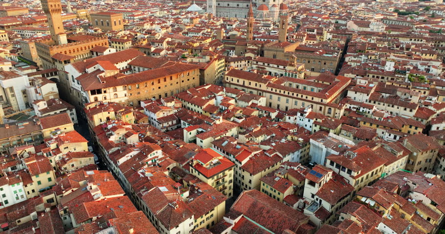 Aerial city panorama of Florence (Firenze) under a clear blue sky. Famous landmarks of the historic center with residential houses and cathedrals in the background. Summer travel vibe in Italy.