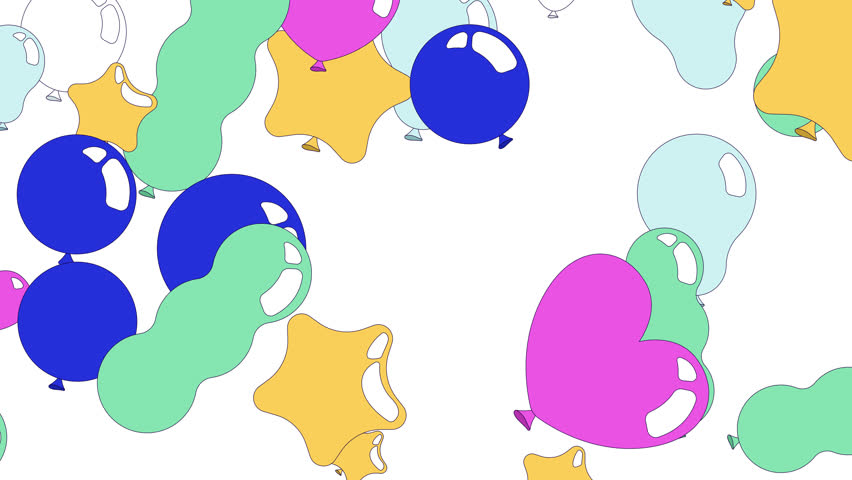 Party balloons falling effect animation. Heart star shapes. Animated 2D flat objects cascading down on white background. Dynamic loop 4K video overlay. Motion graphics with alpha channel