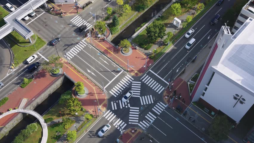 Aerial view of Sapporo City Traffic, Sunny Peaceful Day in Hokkaido Japan