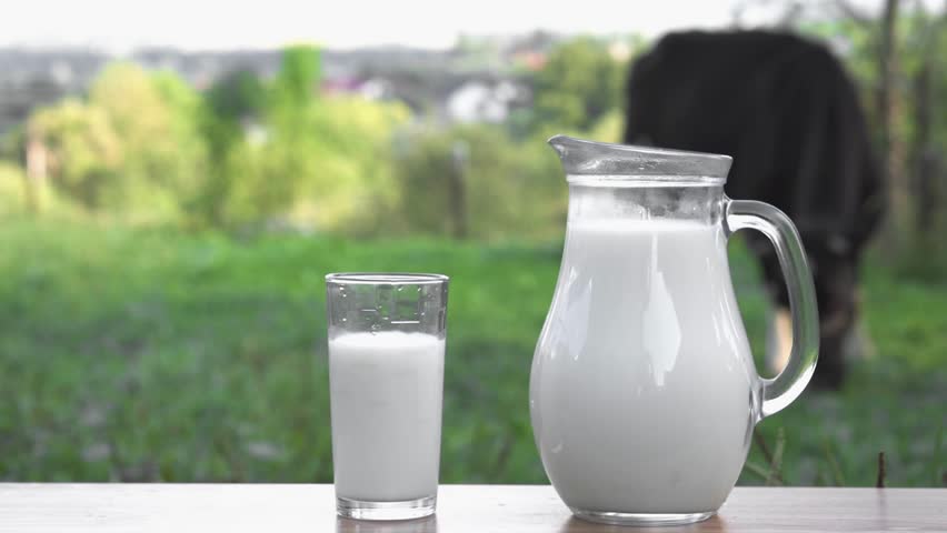 A glass and jug filled with fresh milk are placed on a wooden surface, set against a lush green field and a grazing cow. The scene highlights organic farming and healthy nutrition