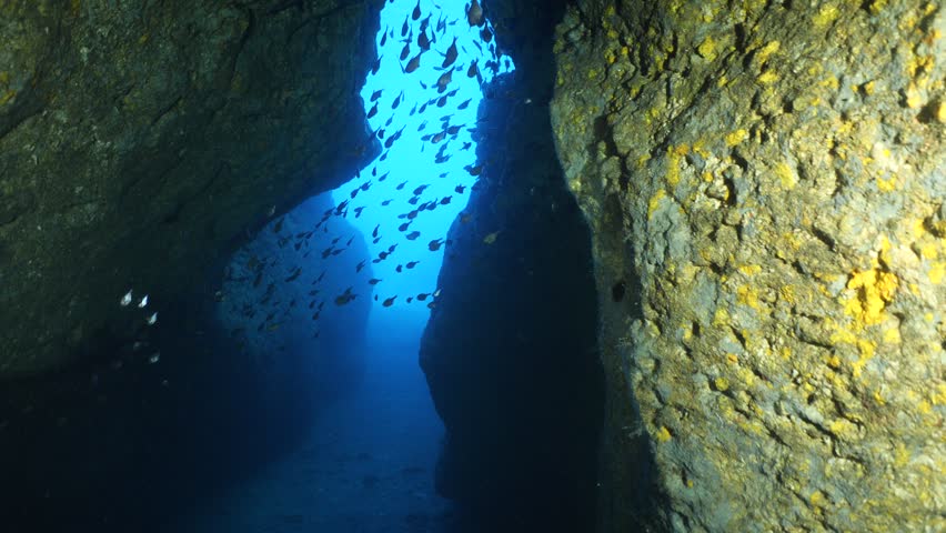 scubadivers exploring caves and taking photos underwater