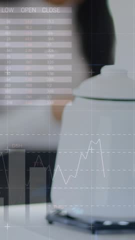 Adult woman reaching for kettle and activating analytics HUD, inspecting white document for testing. Minimalist, dashboard, overlay, data, charts, kitchen, vertical video