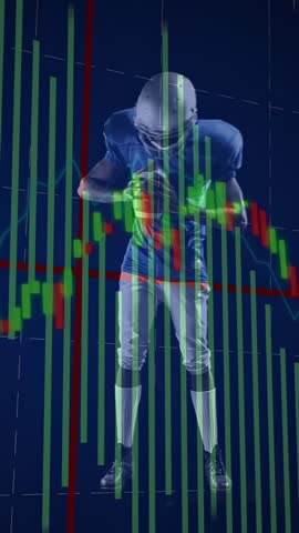 Player inspecting ball and adjusting helmet, shifting stance as candles moving over torso finance. Football, athlete, candlestick, chart, overlay, stock, vertical video