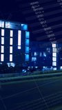 Vertical video: Lit tower anchoring urban road while grid sliding in showing data gauge map charts. Cityscape, night, neon, hud, visualization, analytics, vertical video - Powered by Shutterstock - Get 15% off with code: PIKWIZARD15