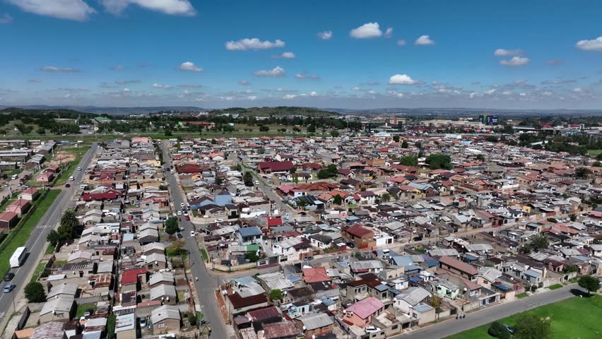 Aerial drone view of the cityscape of Soweto, Johannesburg, South Africa.