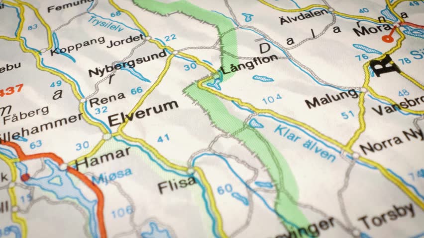 Sliding camera movement over road map focusing on Oslo, Norway. Travel route concept