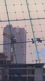 When blue value appearing number labels scrolling across thin grid over roof and crane showing data. Rooftop, skyline, cityscape, overlay, digits, metrics, vertical video - Powered by Shutterstock - Get 15% off with code: PIKWIZARD15