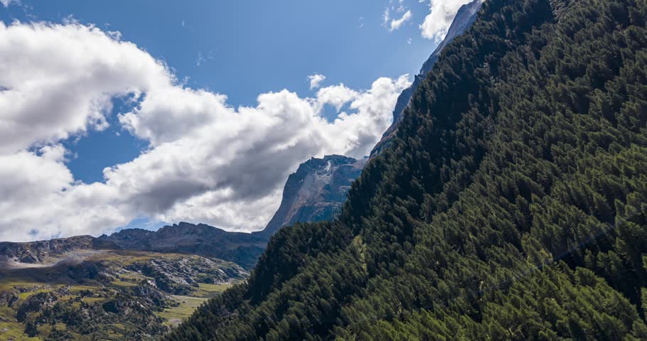 Aerial perspective of Maloja Pass showing alpine mountains, dense conifer forest, green meadow and a solitary cabin.