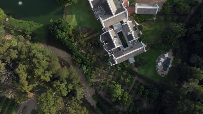Top down aerial view of South African wine estate in Franschhoek.