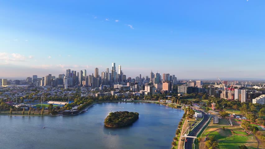 Aerial drone view of the skyscraper skyline of Melbourne central business district. Most populous city of the Australian state of Victoria.