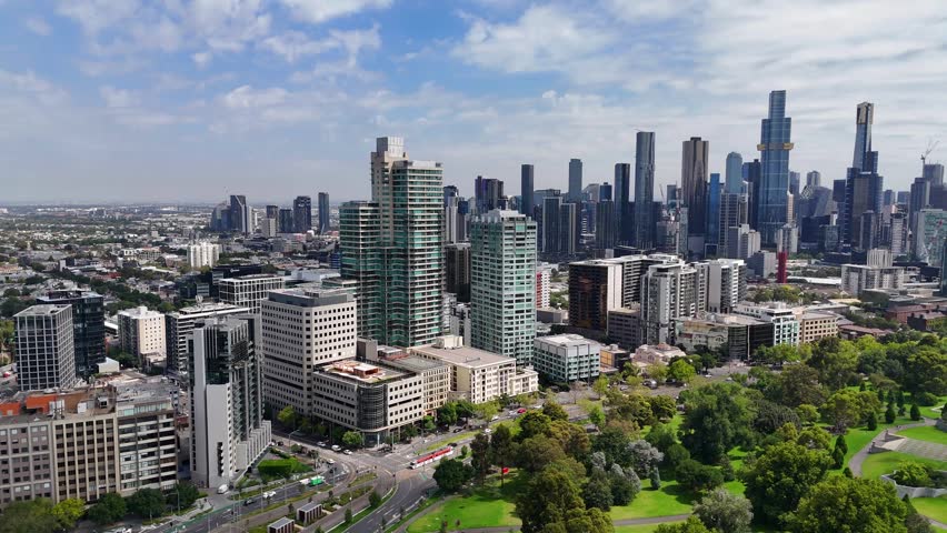 Aerial drone view of the skyscraper skyline of Melbourne central business district. Most populous city of the Australian state of Victoria.