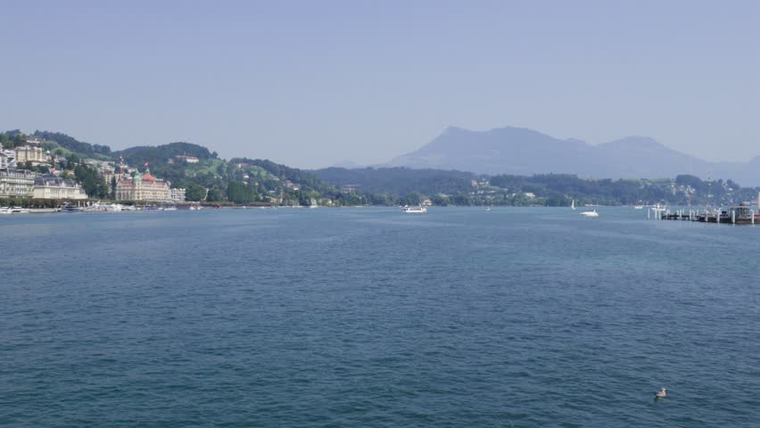 Panoramic view of Lake Lucerne in Switzerland looking towards city skyline