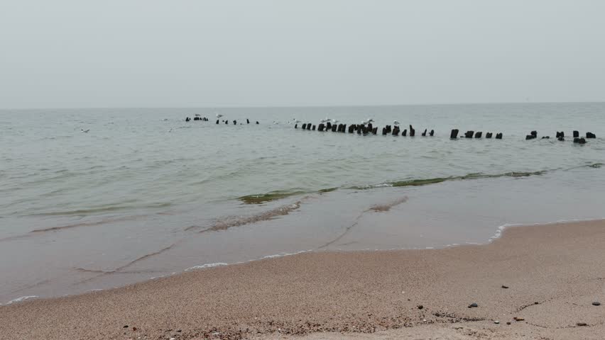 Wooden groynes and large rocks on the seashore. Coastal landscape with rough waves hitting barrier structures. Minimalist marine scenery for nature background.