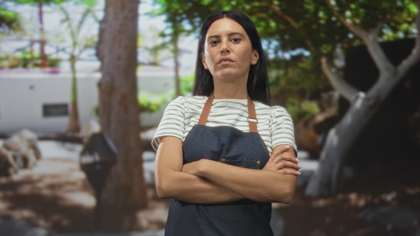 Woman in apron with arms crossed standing sternly outside near trees and white wall in front of building; quiet determination.