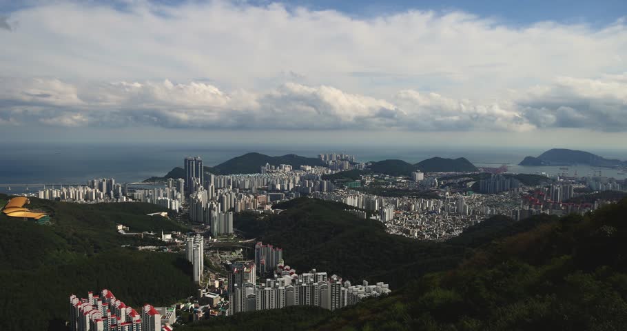 Busan city panorama beautiful skyline view from Hwangnyeongsan mountain observatory, Busan port, Gwangan bridge and harbor bay, South Korea, Yeongnam district, sunny day, travel to Republic of Korea