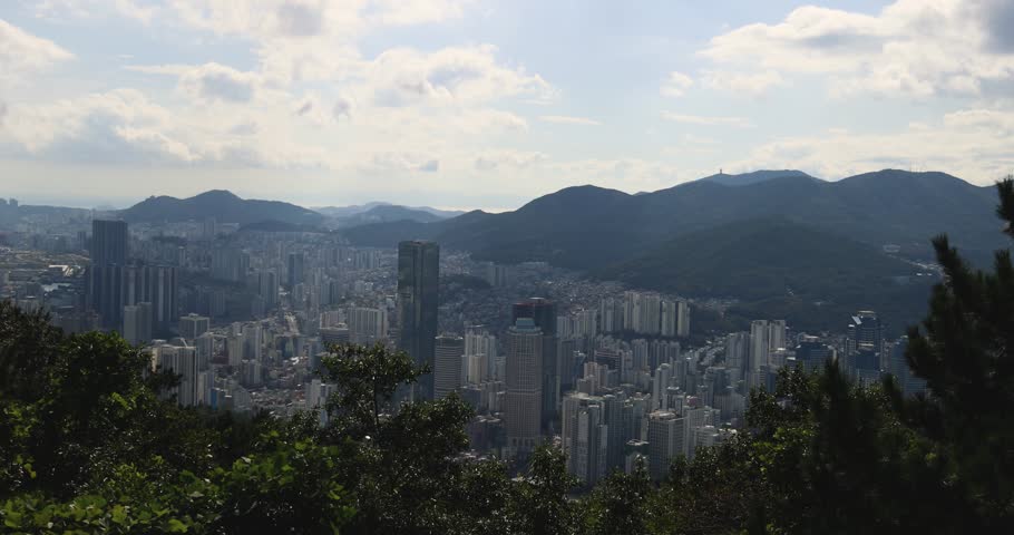 Busan city panorama beautiful skyline view from Hwangnyeongsan mountain observatory, Busan port, Gwangan bridge and harbor bay, South Korea, Yeongnam district, sunny day, travel to Republic of Korea
