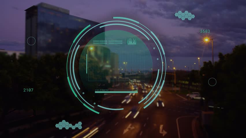 Incoming data feed activating teal HUD overlay over roadway, analyzing traffic line graph. Rings, dashboard, aerial, urban, cityscape, motion, dusk