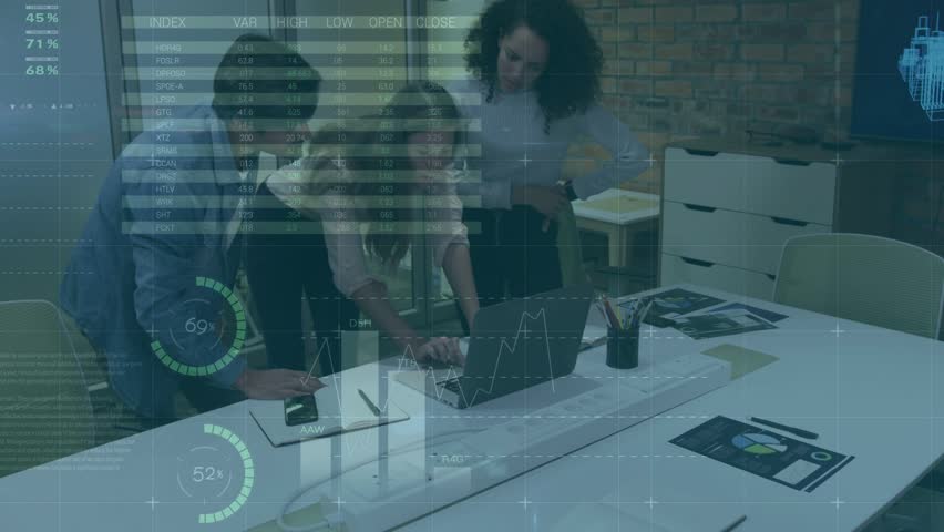 Center woman using laptop trackpad bringing animated charts while team analyzing data for business. Colleagues, collaboration, conference, office, analytics, dashboards, brainstorming