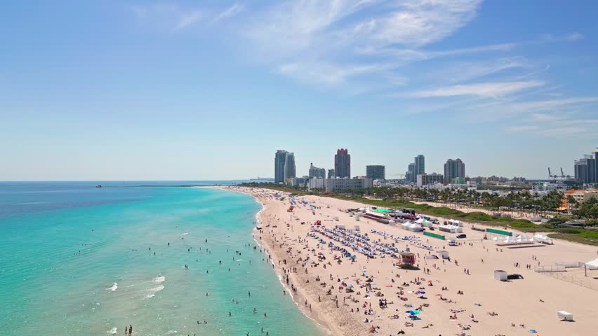 Panoramic Miami coastline. Miami city panorama with skyscrapers. Miami Beach skyline. Travel in Miami beach.