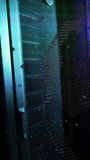 Vertical video: Camera framing teal server cabinet, overlays sliding and mapping data on mesh. Rack, cyber, code, binary, interface, cyan, vertical video - Powered by Shutterstock - Get 15% off with code: PIKWIZARD15