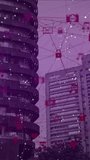 Vertical video: Towers receiving live feed, displaying purple data overlay for smart city. Urban, skyline, network, neon, futuristic, holographic, vertical video - Powered by Shutterstock - Get 15% off with code: PIKWIZARD15