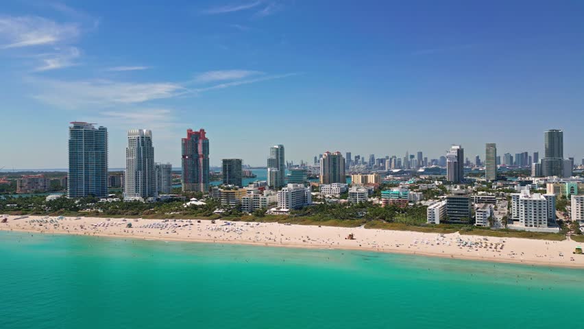 Summer vacation on Miami. Miami city panorama with skyscrapers. Miami shoreline. Miami Beach skyline.