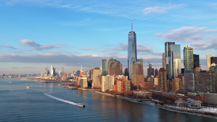 NYC skyline cityscape panorama horizon New York. NYC aerial drone panorama New York. NYC Hudson river view New York. NYC iconic landmark New York.