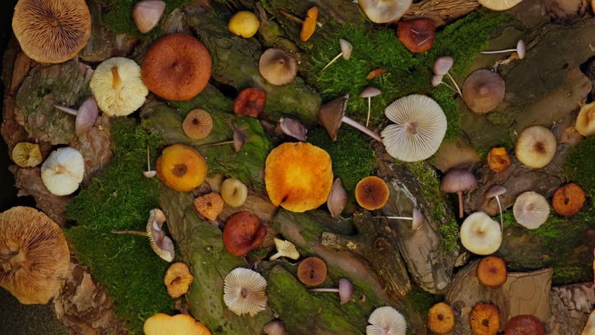 Forest Mushrooms Loop Rotation Mystical Autumn Background. Creepy Forest Mushroom Texture Rotation Halloween Organic Background. Spooky Mushroom Composition Rotating Top View Dark Woodland Scene