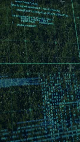 Vertical video: Man stepping into frame, AR HUD tracking ball, analyzing kick for sports tech. Grass, field, soccer, outdoor, overlay, futuristic, vertical video