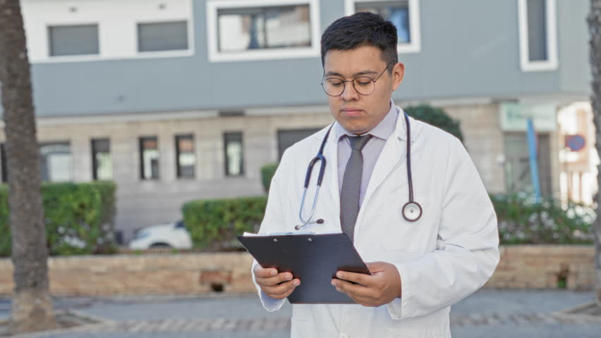 Man doctor holding clipboard and stethoscope with arms crossed on street, looking pensive; concern reflection.
