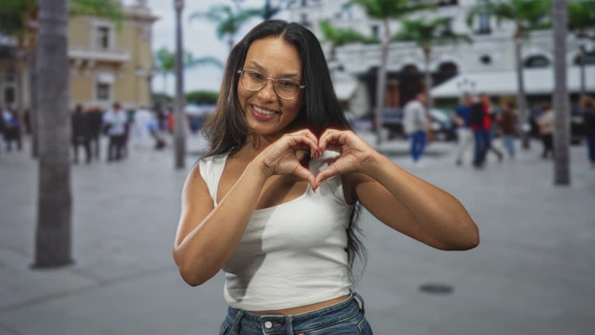 Woman forms heart with hands on busy street, wearing glasses and white tanktop, smiling toward camera; affection joy.