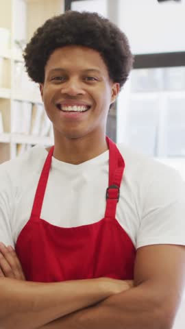 Animation of social media data processing over sales man in grocery store. Global connections, business, finance, data processing and digital interface concept digitally generated video.