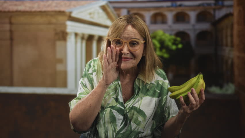 Middle aged woman wearing leaf print shirt and glasses, holding bananas, finger to lips for silence in a building; playful mischief.