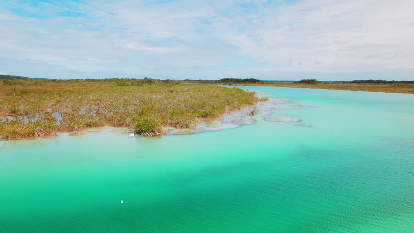 Los Rapidos Bacalar where turquoise water flows along mangroves and ancient stromatolite formations
