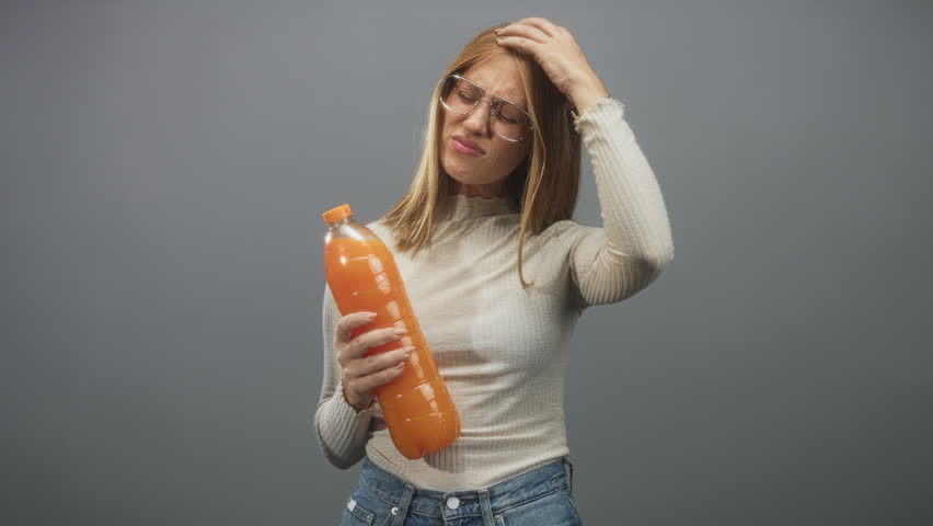 Redhead woman holding large plastic bottle of orange juice, hand to forehead for headache in studio; discomfort doubt thirst.