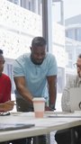 Business team collaborating at office with data processing animation overlay. Teamwork, collaboration, data analysis, innovation, brainstorming, corporate - Powered by Shutterstock - Get 15% off with code: PIKWIZARD15