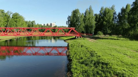 Drone Lateral Flight near Red Bridge over