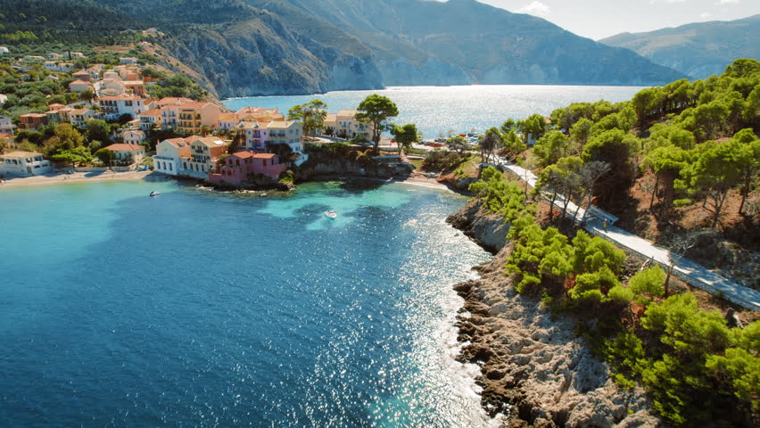 Scenic view of Assos village and summer coast in Kefalonia Greece from above
