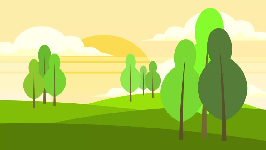 Moving spring nature scenery animation, moving green mountain nature scenery with clouds and sun