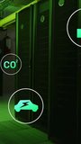 Vertical video: Cam framing server rack and causing floating icons showing energy cost in tech room. Datacenter, cabinet, green, lighting, leds, futuristic, vertical video - Powered by Shutterstock - Get 15% off with code: PIKWIZARD15