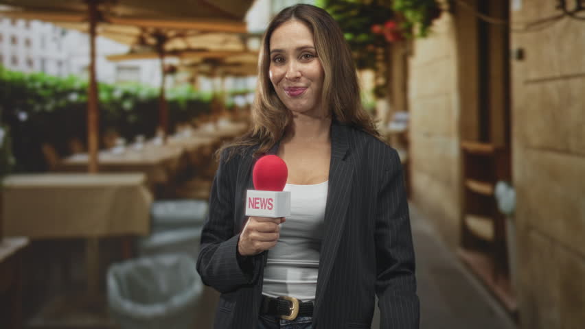 Woman holding red microphone and touching cheek while smiling in an outdoor street cafe setting with tables and umbrellas; confidence.