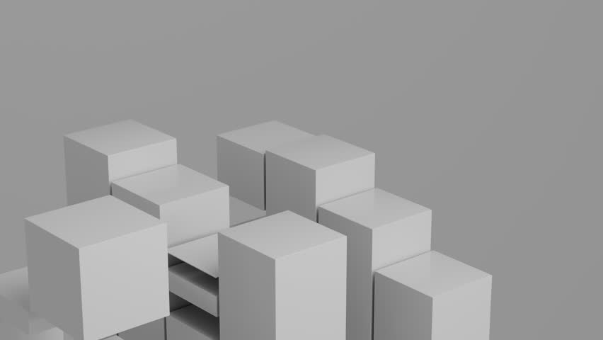 Minimal abstract background featuring white cubes forming a clean geometric structure with open space. Smooth seamless loop animation with calm motion and soft depth, perfect for technology, UI design, architecture, corporate presentations and modern digital content.